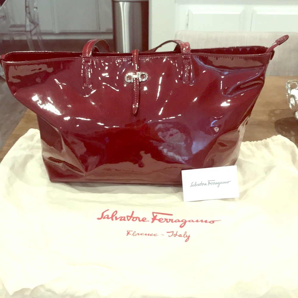 Authentic Ferragamo burgundy patent leather purse